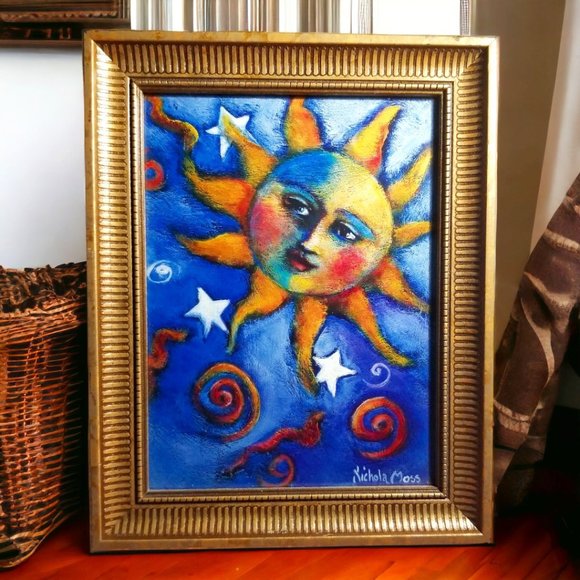 Nichola Moss Other - Vintage Sun & Moon Face Prints, Blue/Yellow in a Gold Frame by Nichola Moss